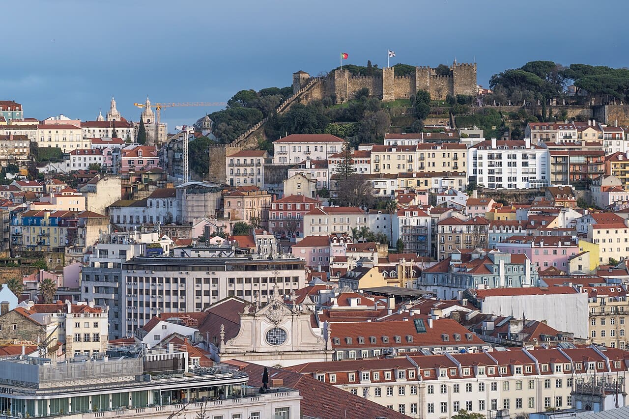 Rooftop view over central Lisbon towards Sao Jorge castle