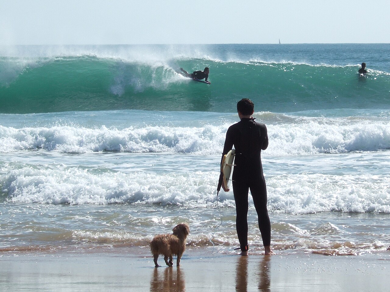 Surfers on a wave at Carcavelos beach